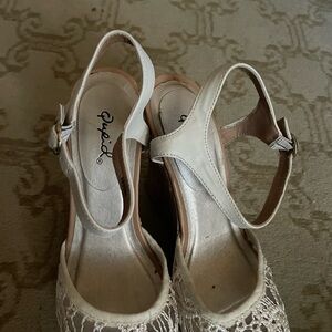 Qupid Women's Ivory Lace Wedge Sandals